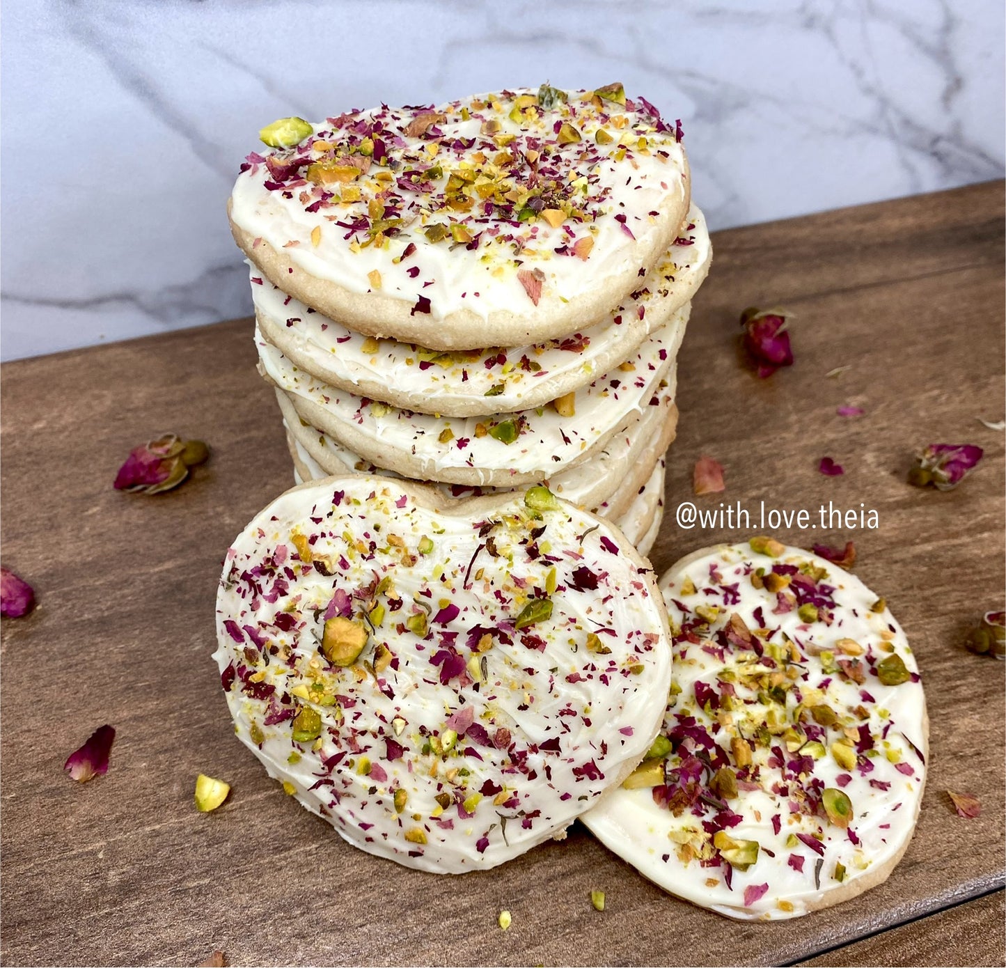 Rose Garden Romance: Pistachio Rose Cardamom Shortbread Cookie with White Chocolate